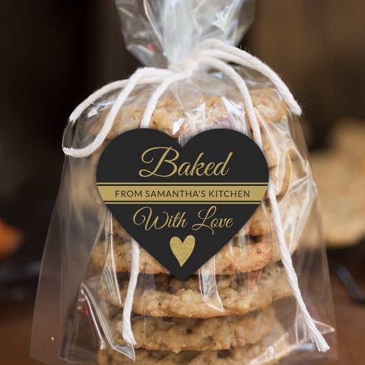 Schwarzer und goldener Glitzer mit Liebe gebacken Herz-Aufkleber