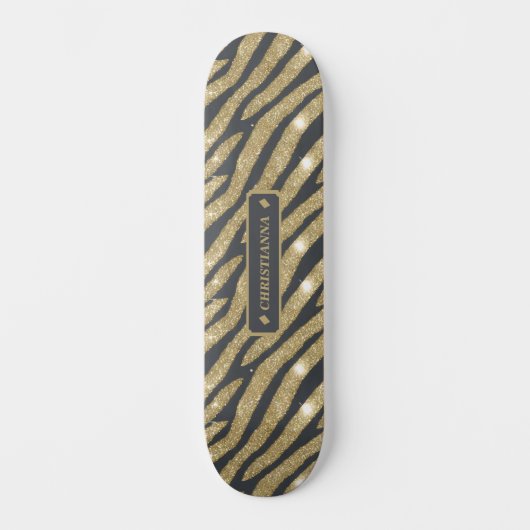 Schwarzer und goldener Glitzer Tier Zebra Tiger St Skateboard (Vorderseite)