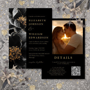 Schwarzer und goldener Luxus-Blumen-Photo-QR-Code- Einladung