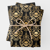 Schwarzer und goldener Schädel, Fledermäuse und Ve Geschenkpapier Set (Beispiel)
