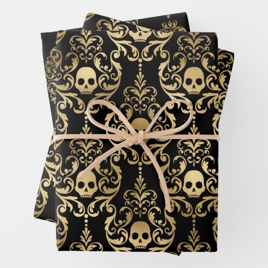 Schwarzer und goldener Schädel, Fledermäuse und Ve Geschenkpapier Set (Beispiel)