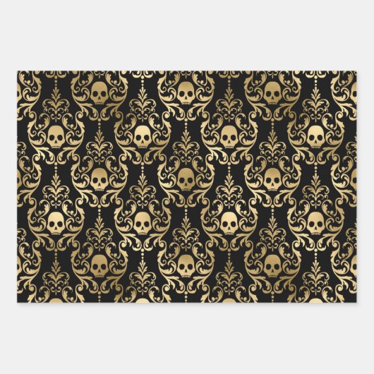 Schwarzer und goldener Schädel, Fledermäuse und Ve Geschenkpapier Set (Vorderseite)