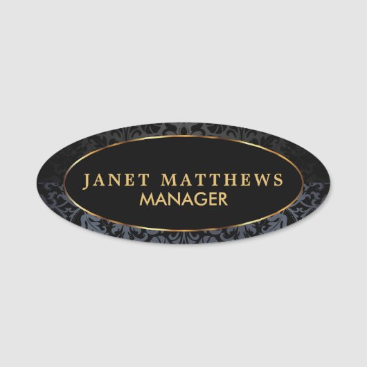 Schwarzer und grauer Damast mit Gold Trim Design Namensschild (Vorderseite)