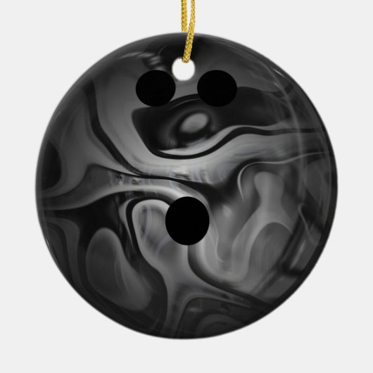 Schwarzer und grauer Strudel-Bowlings-Ball Keramik Ornament (Vorne)