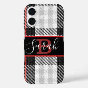 Schwarzer und grauer Tartan Schachroter Schriftart iPhone 16 Hülle
