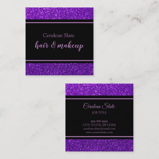 Schwarzer und Lila Glitzer Quadratische Visitenkarte (Vorne/Hinten)