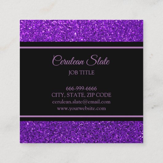 Schwarzer und Lila Glitzer Quadratische Visitenkarte (Rückseite)