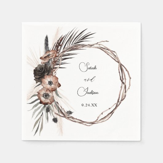 Schwarzer und natürlicher Blütenboho Rustikaler Na Serviette (Vorderseite)