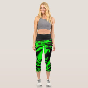 Schwarzer und neonfarbener Kalkgrün Capri Leggings