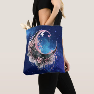 Schwarzer und rosa Halbmond sternenbesahtes Hallow Tasche
