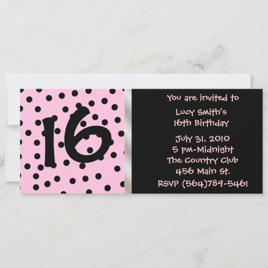Schwarzer und rosa Punkt Geburtstag Einladung (Vorderseite)