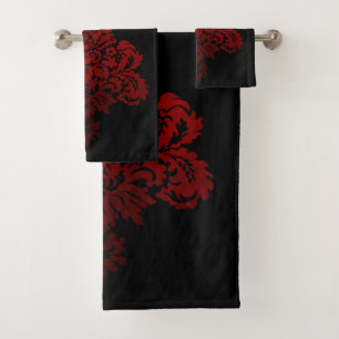Schwarzer und roter Damast Badhandtuch Set
