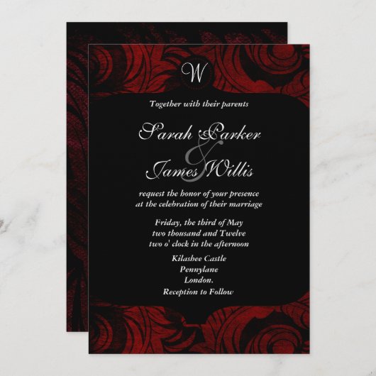 Schwarzer und roter Damast Einladung mit Monogramm (Vorne/Hinten)