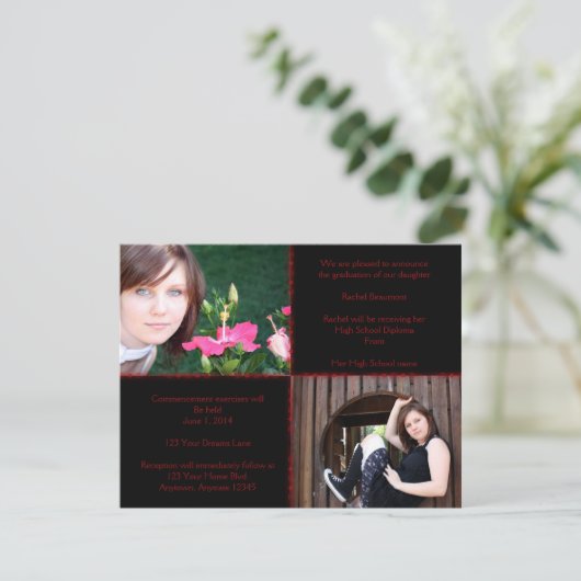 Schwarzer und roter viereckiger Star-Abschluss Einladung (Stehend Vorderseite)