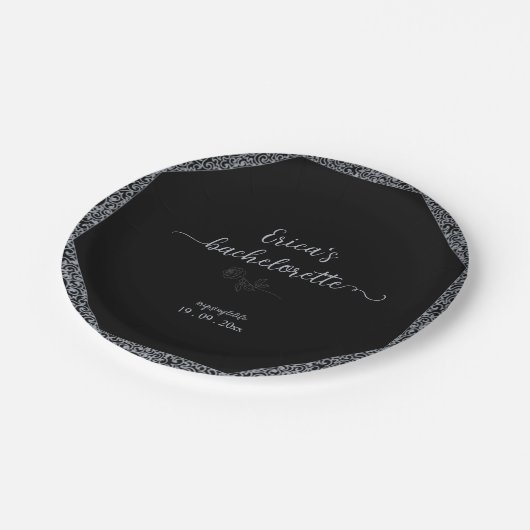 Schwarzer und Silberbarscher Junggeselinnen-Abschi Pappteller (Schrägansicht)