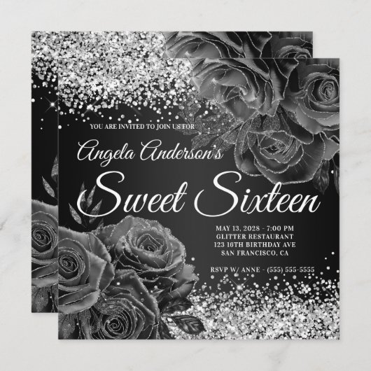 Schwarzer und Silberner Glitzer Blumenglam 16 . Ge Einladung (Vorne/Hinten)