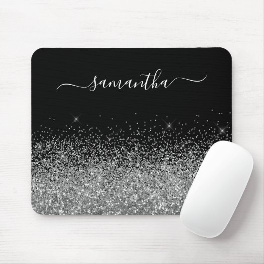 Schwarzer und Silberner Glitzer Eleganter Name Mousepad (Mit Mouse)