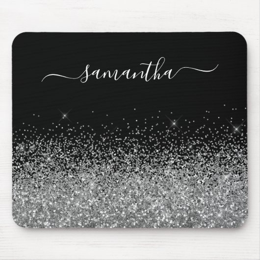 Schwarzer und Silberner Glitzer Eleganter Name Mousepad (Vorne)