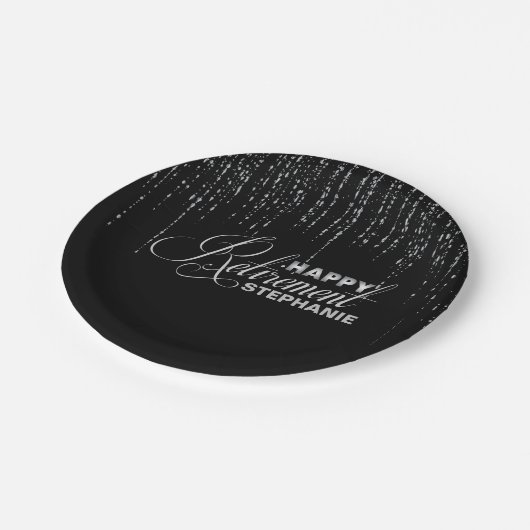 Schwarzer und silberner Ruhestands-Party-Teller Pappteller (Schrägansicht)