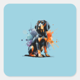 Schwarzer und Tan Coonhound Hund Quadratischer Aufkleber