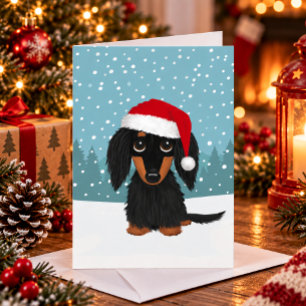 Schwarzer und Tan Longhaired Dachshund Hund Weihna Feiertagskarte