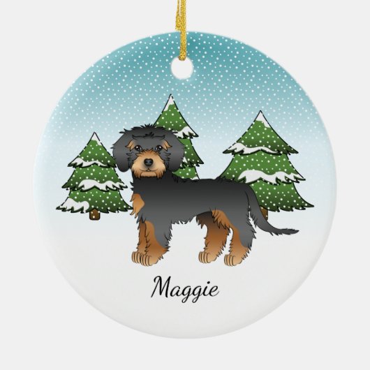 Schwarzer und Tan Mini Goldendoodle - Winterwald Keramik Ornament (Hinten)