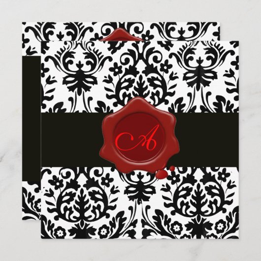 SCHWARZER UND WEISSER DAMASK, ROT-WAX-SIEGEL-MONOG EINLADUNG (Vorne/Hinten)