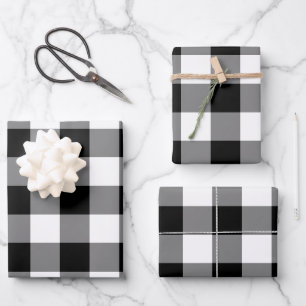 Schwarzer und weißer Gingham-Karo Kariert Geschenkpapier Set