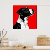 Schwarzer und weißer Hund auf fett rotem Hintergru Poster (Küche)