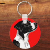 Schwarzer und weißer Hund auf fett rotem Hintergru Schlüsselanhänger (Rückseite)