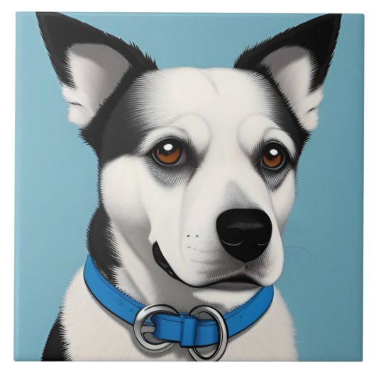 Schwarzer und weißer Hund mit blauem Collar Fliese (Vorderseite)