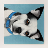 Schwarzer und weißer Hund mit blauem Collar Puzzle (Horizontal)