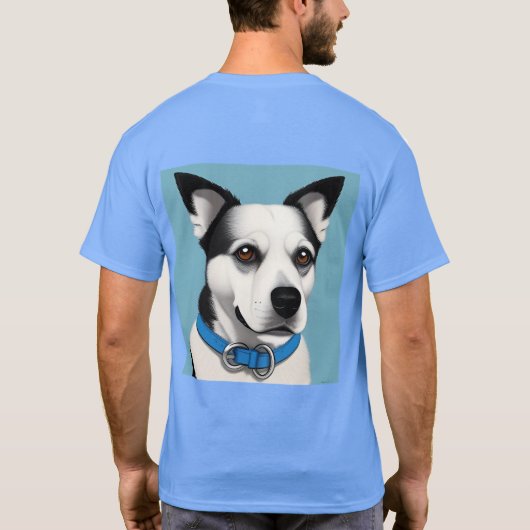 Schwarzer und weißer Hund mit blauem Collar T-Shirt (Rückseite)