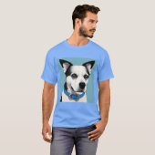 Schwarzer und weißer Hund mit blauem Collar T-Shirt (Vorne ganz)