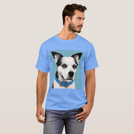 Schwarzer und weißer Hund mit blauem Collar T-Shirt (Vorne ganz)