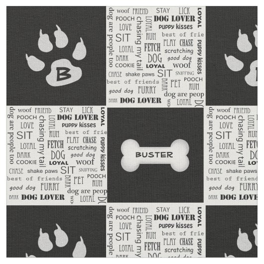 Schwarzer und weißer Hundeknochen | Name und Monog Stoff (Nahaufnahme)