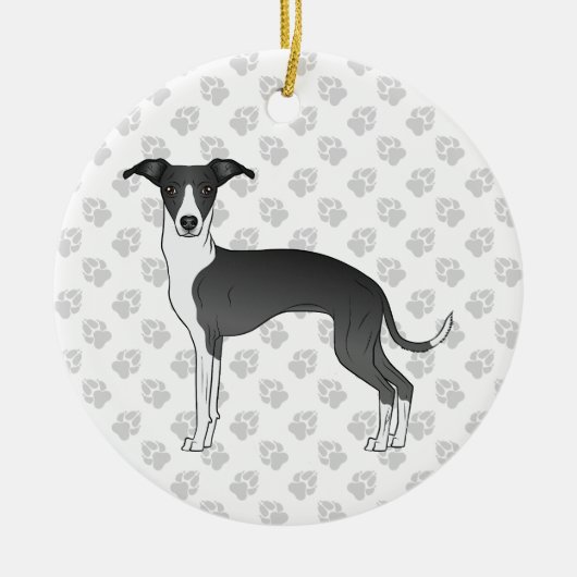 Schwarzer und weißer italienischer Grauhund mit Pa Keramik Ornament (Vorne)