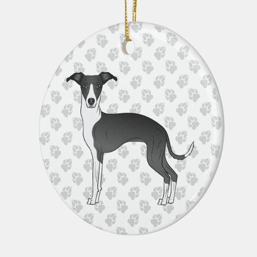 Schwarzer und weißer italienischer Grauhund mit Pa Keramik Ornament (Links)