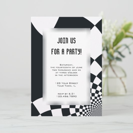 Schwarzer und weißer Karo Party Einladung (Stehend Vorderseite)