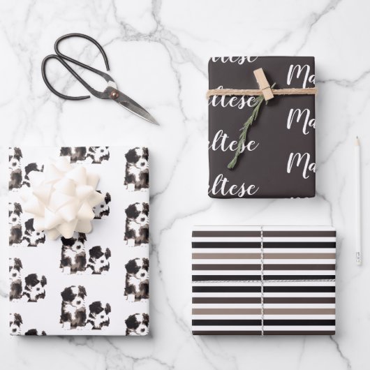 Schwarzer und weißer maltesischer Welpenhund Geschenkpapier Set (Vorderseite)