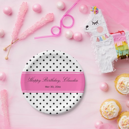Schwarzer und weißer Polka-Dot mit heißrosa Geburt Pappteller (Party)