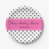 Schwarzer und weißer Polka-Dot mit heißrosa Geburt Pappteller (Vorderseite)