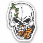 Schwarzer und weißer Schädel mit Monarch Butterfly Aufkleber (Vorderseite)