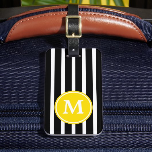 Schwarzer und weißer Streifen mit gelbem Monogramm Gepäckanhänger (Vorderseite Insitu 2)