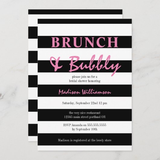 Schwarzer und weißer Streifen mit rosa Brunch und Einladung (Vorne/Hinten)