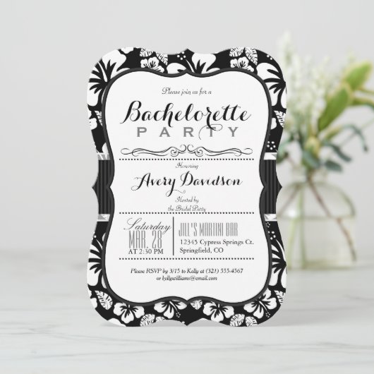 Schwarzer und weißer tropischer Junggeselinnen-Abs Einladung (Stehend Vorderseite)