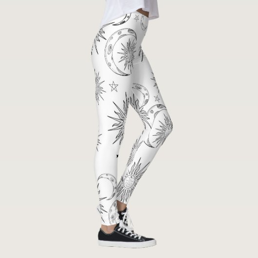 Schwarzer und weißer Whimsischer Sonnenmond und -s Leggings (Rechts)