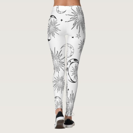 Schwarzer und weißer Whimsischer Sonnenmond und -s Leggings (Rückseite)