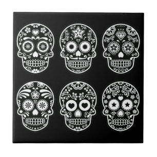 Schwarzer und weißer Zuckerschädel Fliese