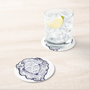 Schwarzer und weißer Zuckerschädel Runder Pappuntersetzer